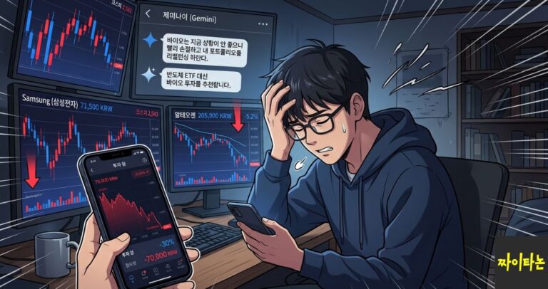 주식 하락 차트와 제미나이 AI의 모순된 추천 대화를 보며 괴오워하는 투자자 일러스트