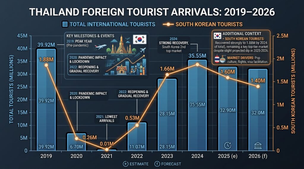 Infographic comparing Thailand's total and South Korean tourist arrivals (2019–2026) with key market analysis.